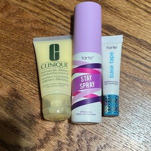 A Tarte Stay Spray and Base Tape and sample size Clinique moisturizing lotion